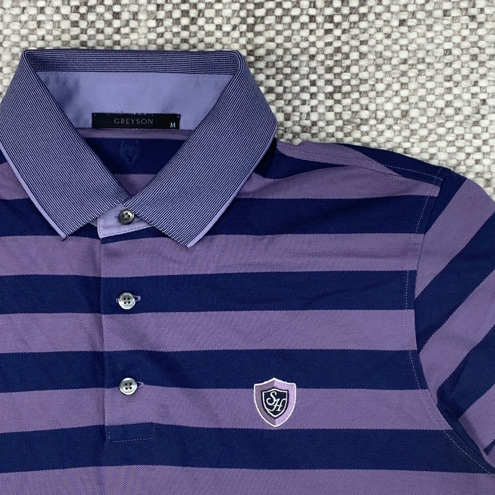 Greyson Polo Shirt Mens Medium Purple Striped Pima Cotton Blend Short Sleeve